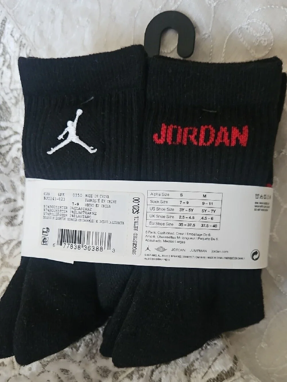 Jordan Youth Black Crew Socks with Red Logo Accents - 6 Pack